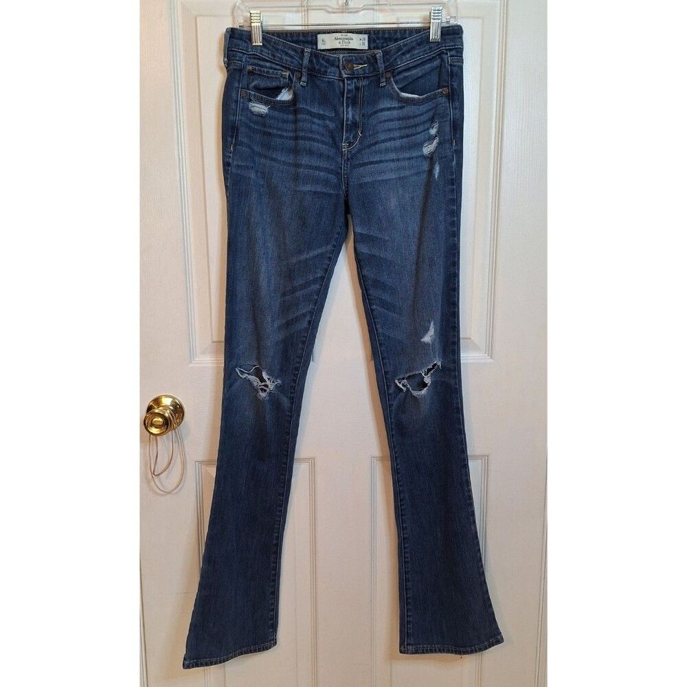 Abercrombie & Fitch Dark Acid Wash Distressed Denim A&F Skinny Boot Cut Size 6L
